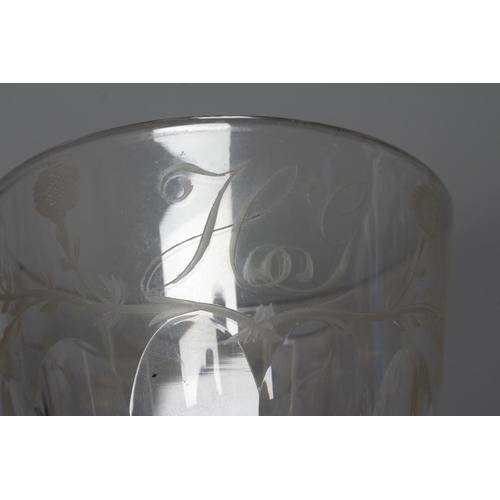 77 - A WILLIAM IV LARGE GLASS GOBLET, the panelled bucket bowl etched HG within a border engraved with ho... 