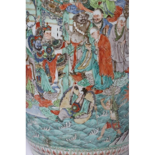 9 - A CHINESE PORCELAIN FAMILLE VERTE LARGE ALCOVE ROULEAU VASE painted with a continuous narrative with... 