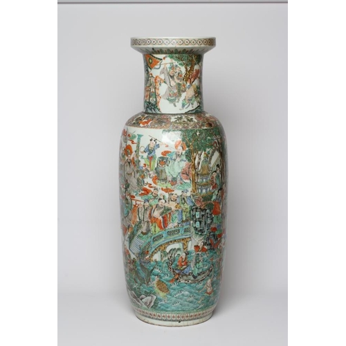 9 - A CHINESE PORCELAIN FAMILLE VERTE LARGE ALCOVE ROULEAU VASE painted with a continuous narrative with... 