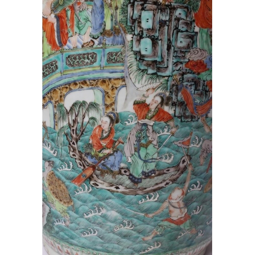 9 - A CHINESE PORCELAIN FAMILLE VERTE LARGE ALCOVE ROULEAU VASE painted with a continuous narrative with... 