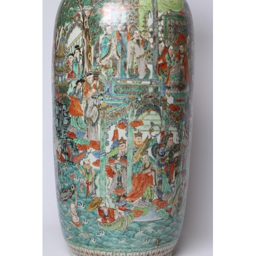 9 - A CHINESE PORCELAIN FAMILLE VERTE LARGE ALCOVE ROULEAU VASE painted with a continuous narrative with... 