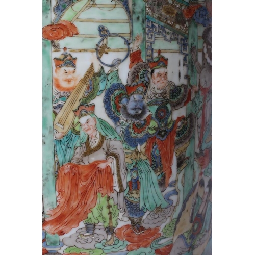 9 - A CHINESE PORCELAIN FAMILLE VERTE LARGE ALCOVE ROULEAU VASE painted with a continuous narrative with... 