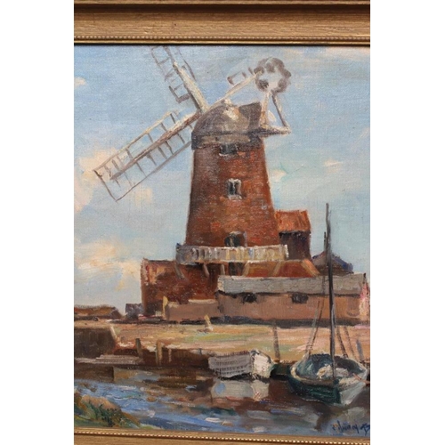 462 - OWEN BOWEN (1873-1967) Windmill Beside a Waterway, signed lower left, oil on canvas board, 11