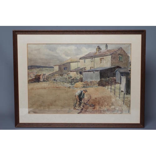 464 - FRED STEAD (1863-1940) View of a Farmstead with Farmer Digging in the Foreground, signed lower left,... 