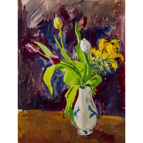 468 - PHILIP NAVIASKY (1894-1983) Still Life of Tulips in a Blue and White Vase, signed lower right, mixed... 