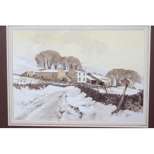 475 - TERRY LOGAN (b.1938) Snowbound Yorkshire Farm, signed lower right, watercolour heightened with white... 