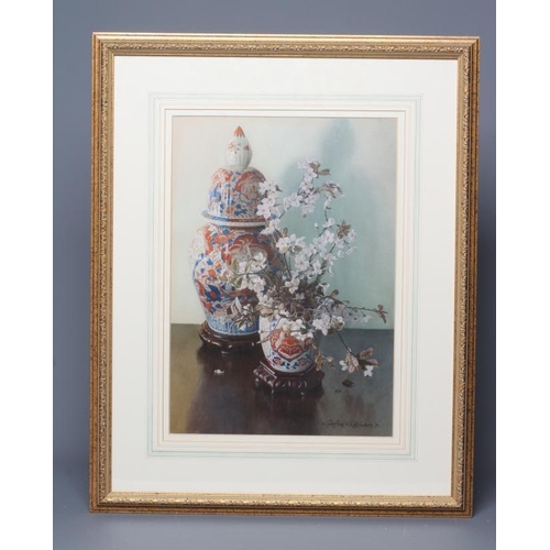 503 - GEOFFREY H ROBINSON (b.1925) Prunus Pissardi and Old Imari Vase, signed lower right and dated '91, w... 