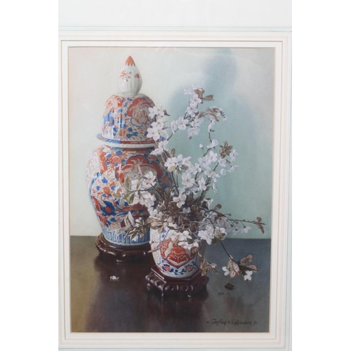 503 - GEOFFREY H ROBINSON (b.1925) Prunus Pissardi and Old Imari Vase, signed lower right and dated '91, w... 