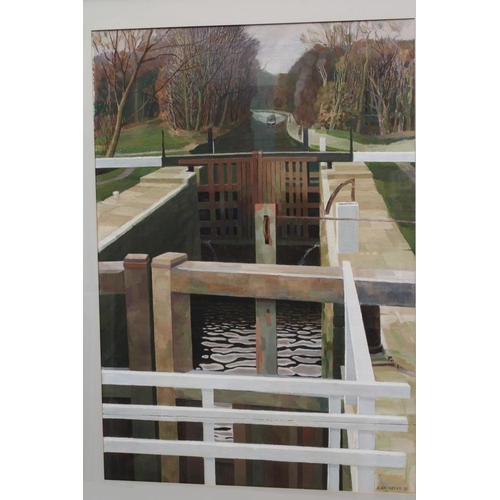 510 - ALAN JOHN GREEN (1921-2020) Canal Lock, signed lower right and dated '91, oil on board, 31