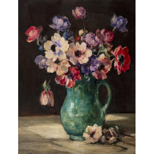 512 - OWEN BOWEN (1873-1967) Still Life of Anemones in a Green Jug, signed lower left and dated 1930, The ... 