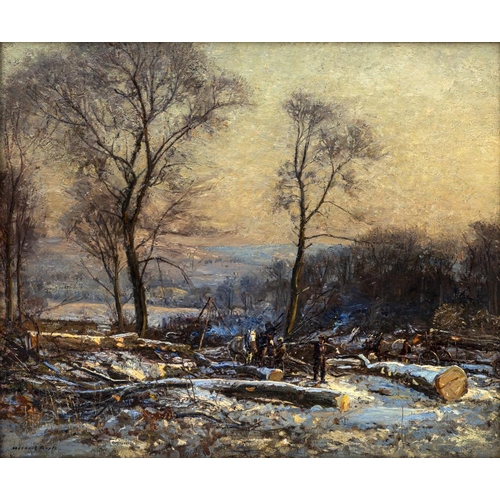 518 - HERBERT F ROYLE (1870-1958) Snowbound Woodland Scene with Horse Logging Team, signed lower left, oil... 