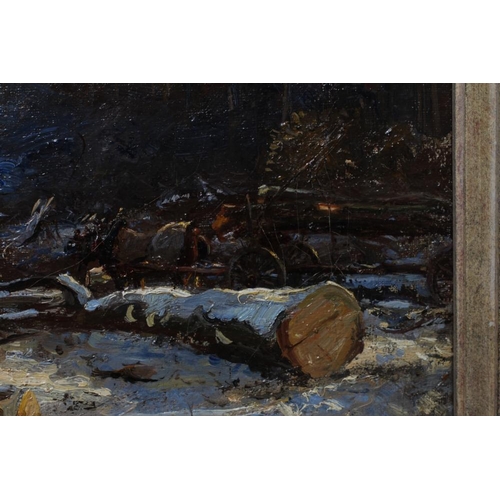 518 - HERBERT F ROYLE (1870-1958) Snowbound Woodland Scene with Horse Logging Team, signed lower left, oil... 