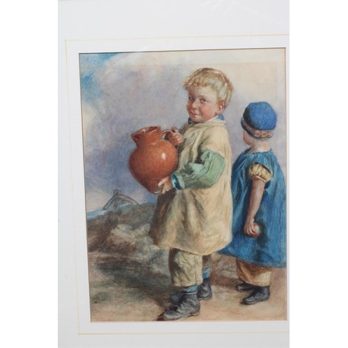 565 - BRITISH SCHOOL (Late 19th Century) Child Carrying an Earthenware Jug, watercolour, 11