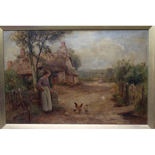 586 - ERNEST CHARLES WALBOURN (1872-1927) Village Scene with Young Lady Feeding the Hens, signed lower rig... 