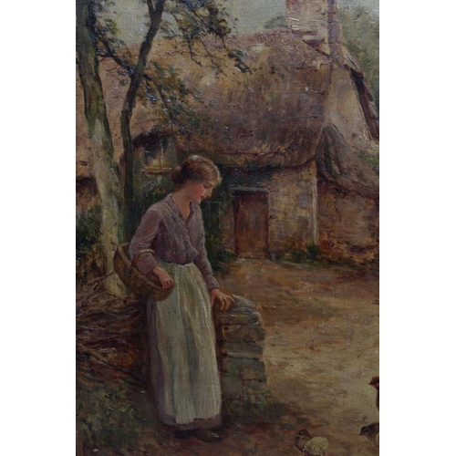 586 - ERNEST CHARLES WALBOURN (1872-1927) Village Scene with Young Lady Feeding the Hens, signed lower rig... 