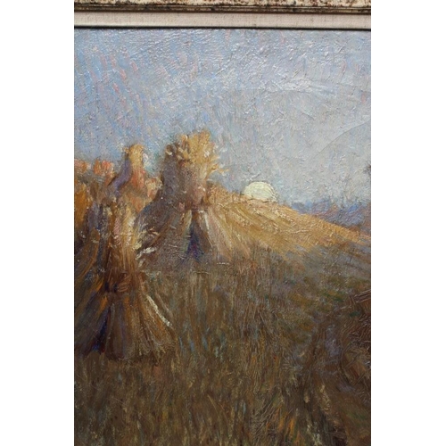 590 - JOHN BARAGWANATH KING (1864-1939) Corn Sheafs at Dusk, signed lower left, oil on canvas, 15