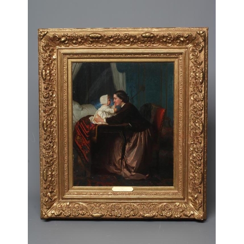 593 - JULES TRAYER (1824-1908) Playtime, signed lower left, oil on panel, 15 1/2