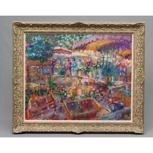 594 - JOHN MACKIE (b.1953) Market Carcassonne, signed lower left and inscribed with title verso, oil on ca... 