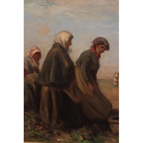 595 - DAVID T ROBERTSON (1879-1952) The Potato Pickers, signed lower left, oil on canvas, 25