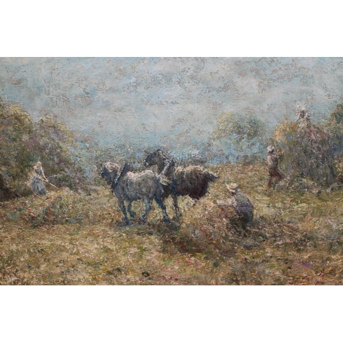 596 - JOHN FALCONAR SLATER (1857-1937) Harvest Time, signed lower right, oil on board, 16 1/2