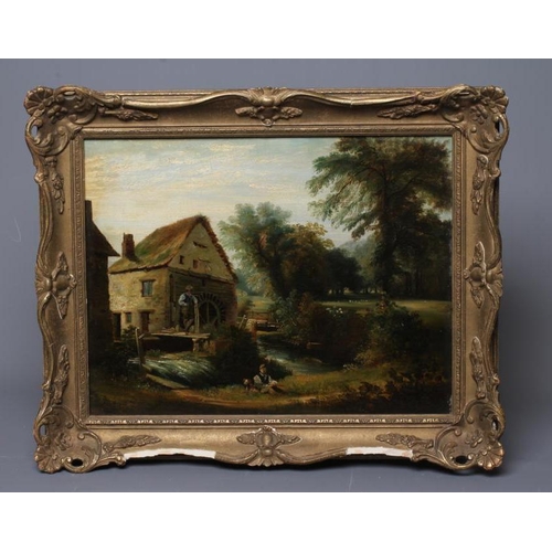 601 - BRITISH SCHOOL (19th Century) Rural landscape with Figures Beside a Mill, oil on canvas, 13 1/2