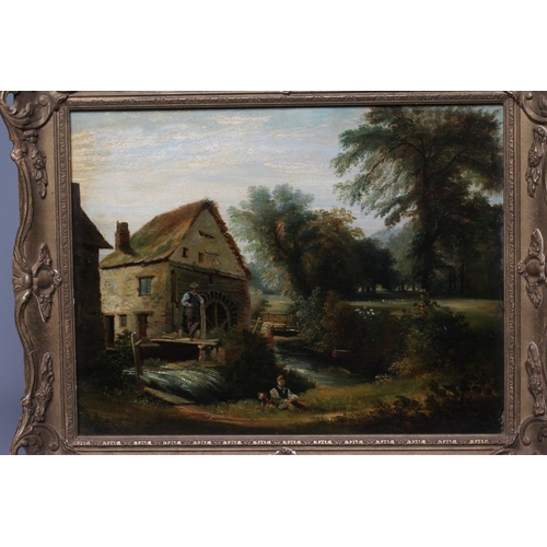 601 - BRITISH SCHOOL (19th Century) Rural landscape with Figures Beside a Mill, oil on canvas, 13 1/2