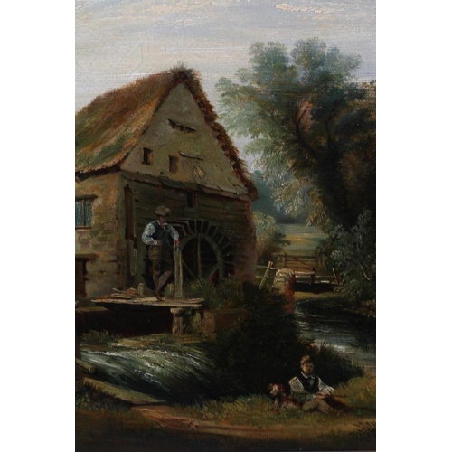 601 - BRITISH SCHOOL (19th Century) Rural landscape with Figures Beside a Mill, oil on canvas, 13 1/2