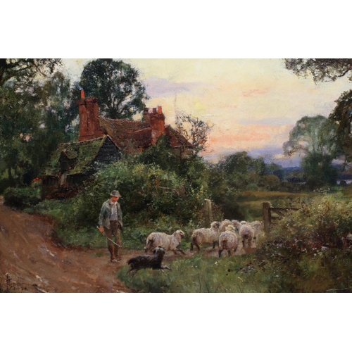 603 - HENRY JOHN YEEND KING (1855-1924) A Shepherd with his Dog and Sheep at Dusk, signed lower right, oil... 