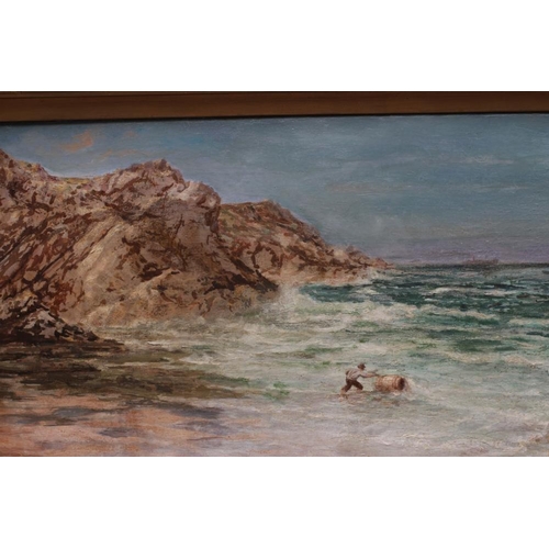 610 - ARTHUR HUGHES (1832-1915) Corner of Porth Joke Beach, Newquay, signed lower right, oil on canvas, 10... 