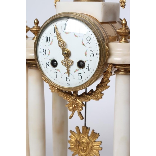 629 - A FRENCH WHITE ONYX AND GILT METAL CLOCK GARNITURE, c.1900, the twin barrel movement with outside co... 