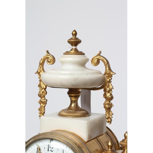 629 - A FRENCH WHITE ONYX AND GILT METAL CLOCK GARNITURE, c.1900, the twin barrel movement with outside co... 