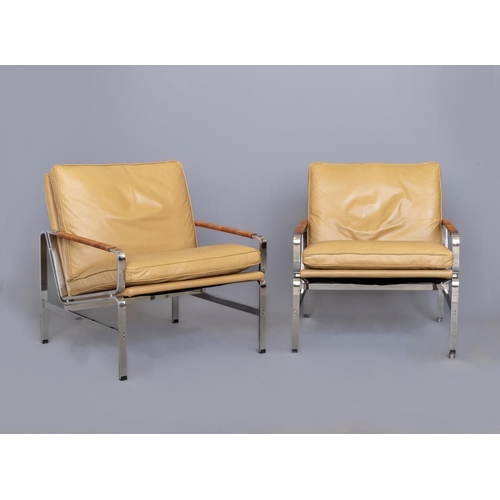 644 - A PAIR OF LEATHER AND CHROME FRAMED ARMCHAIRS, modern, the loose, tan cushions on a square section f... 