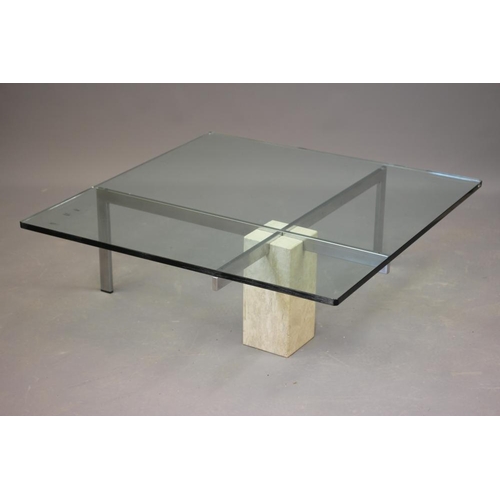 651 - A GLASS AND POLISHED STEEL COFFEE TABLE, modern, the rounded square glass top raised on an X frame s... 