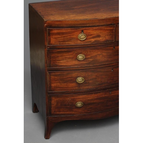 671 - A REGENCY MAHOGANY BOWED CHEST, early 19th century, with ebony stringing, the caddy top over two sho... 