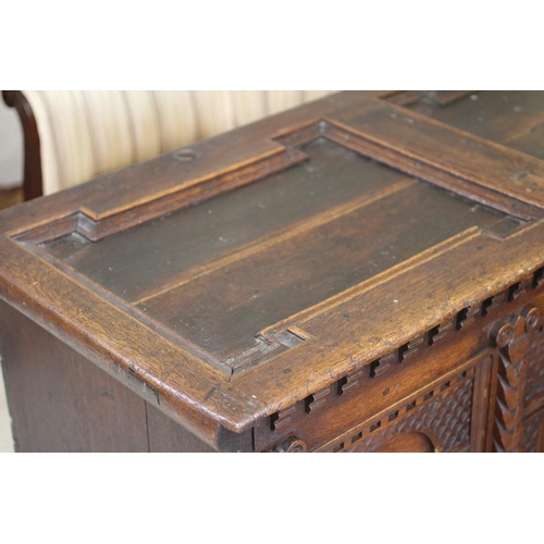 672 - A NORTH EUROPEAN OAK BOARDED CHEST, probably German 18th century, the hinged lid with two moulded ed... 