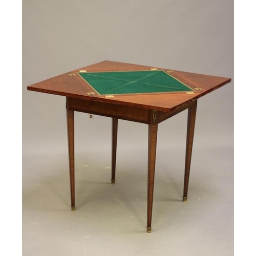 678 - A LOUIS XVI STYLE MAHOGANY AND PARQUETRY ENVELOPE CARD TABLE, c.1900, of canted square form with gil... 