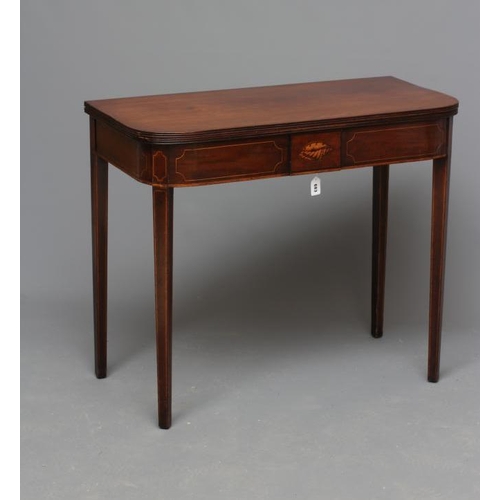 683 - A GEORGIAN MAHOGANY FOLDING TEA TABLE, early 19th century, of rounded oblong form with reeded edged ... 