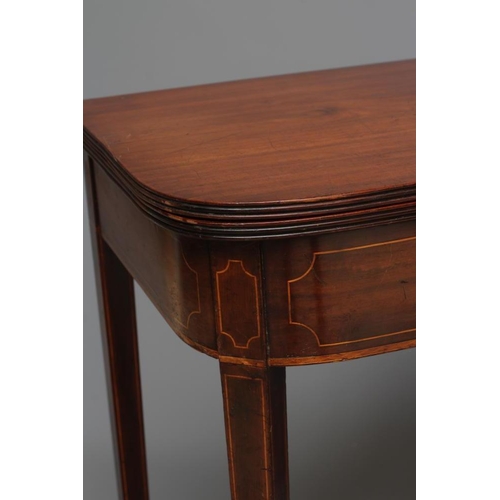 683 - A GEORGIAN MAHOGANY FOLDING TEA TABLE, early 19th century, of rounded oblong form with reeded edged ... 