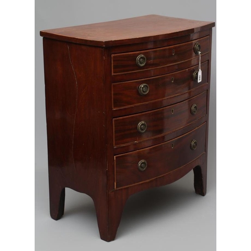 700 - A SMALL BOWED MAHOGANY CHEST, c.1900 using 18th century wood, the moulded edged top over four gradua... 