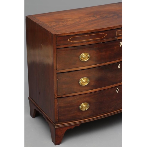 703 - A REGENCY MAHOGANY BOWED CHEST, early 20th century, with stringing, the caddy top over inlaid secret... 