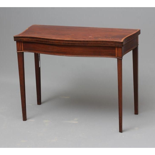 706 - A GEORGIAN MAHOGANY FOLDING CARD TABLE, late 18th century, of serpentine oblong form crossbanded wit... 