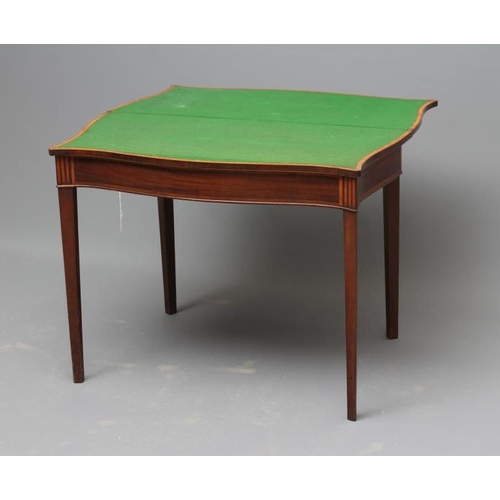 706 - A GEORGIAN MAHOGANY FOLDING CARD TABLE, late 18th century, of serpentine oblong form crossbanded wit... 