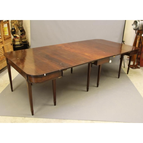 708 - A GEORGIAN MAHOGANY DINING TABLE, late 18th century and later, of rounded oblong form with two separ... 