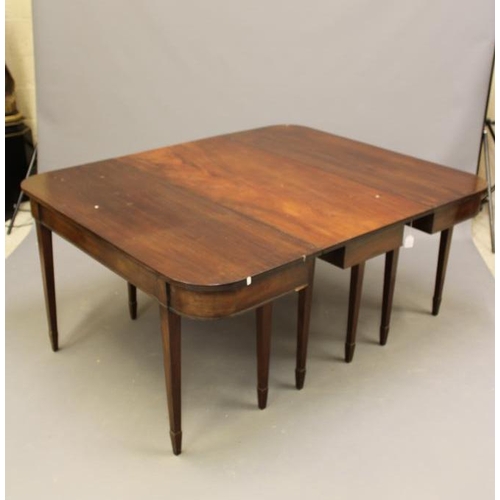 708 - A GEORGIAN MAHOGANY DINING TABLE, late 18th century and later, of rounded oblong form with two separ... 