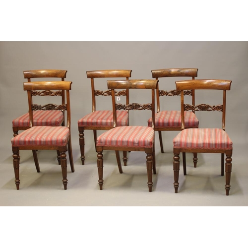 709 - A SET OF SIX EARLY VICTORIAN ROSEWOOD DINING CHAIRS, mid 19th century, the open back with curved top... 