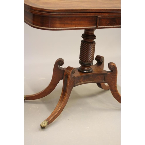 715 - A REGENCY MAHOGANY FOLDING TEA TABLE, early 19th century, of rounded oblong form with rosewood bandi... 