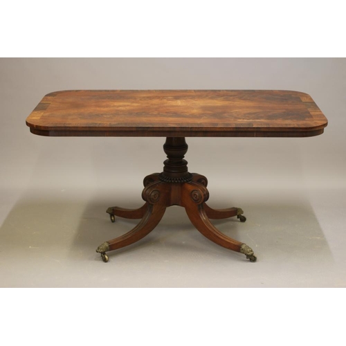 725 - A REGENCY MAHOGANY CENTRE TABLE, early 19th century, the rosewood banded rounded oblong tilt top and... 