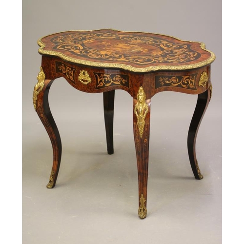 727 - A LOUIS XV STYLE YEW WOOD AND MARQUETRY CENTRE TABLE, 20th century, of oval serpentine form with ebo... 