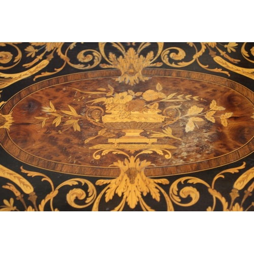 727 - A LOUIS XV STYLE YEW WOOD AND MARQUETRY CENTRE TABLE, 20th century, of oval serpentine form with ebo... 