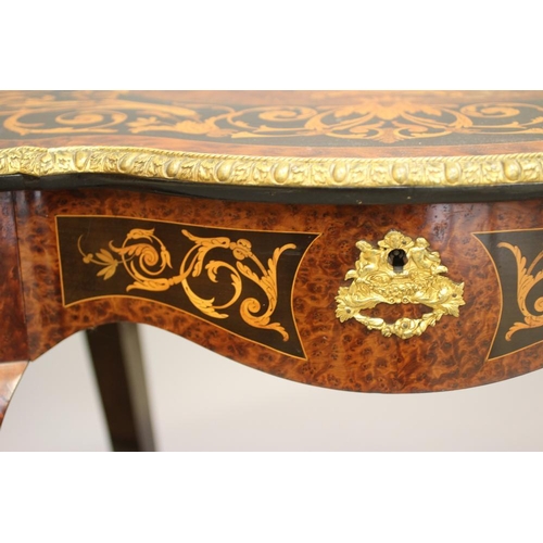 727 - A LOUIS XV STYLE YEW WOOD AND MARQUETRY CENTRE TABLE, 20th century, of oval serpentine form with ebo... 